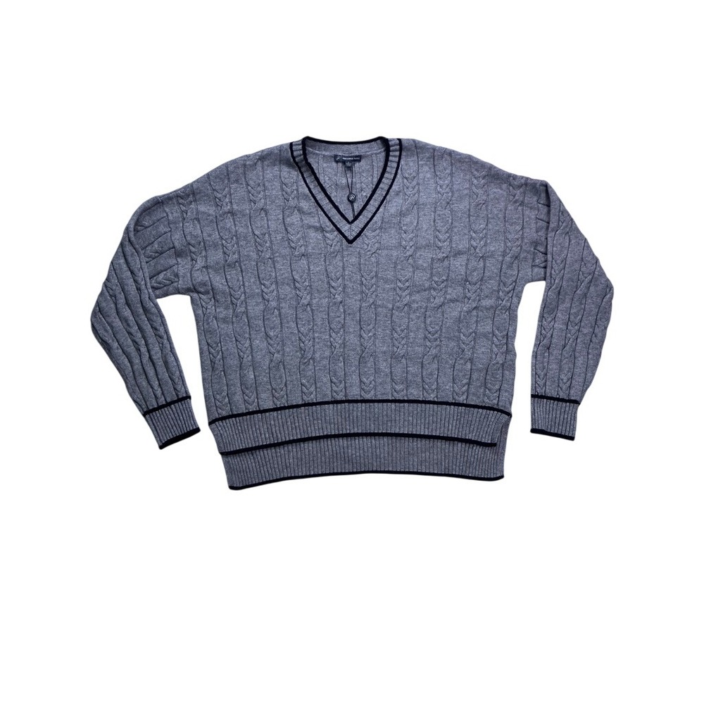 Adrianna Papell Cable Knit V-Neck Sweater Women L Gray Black Preppy Varsity